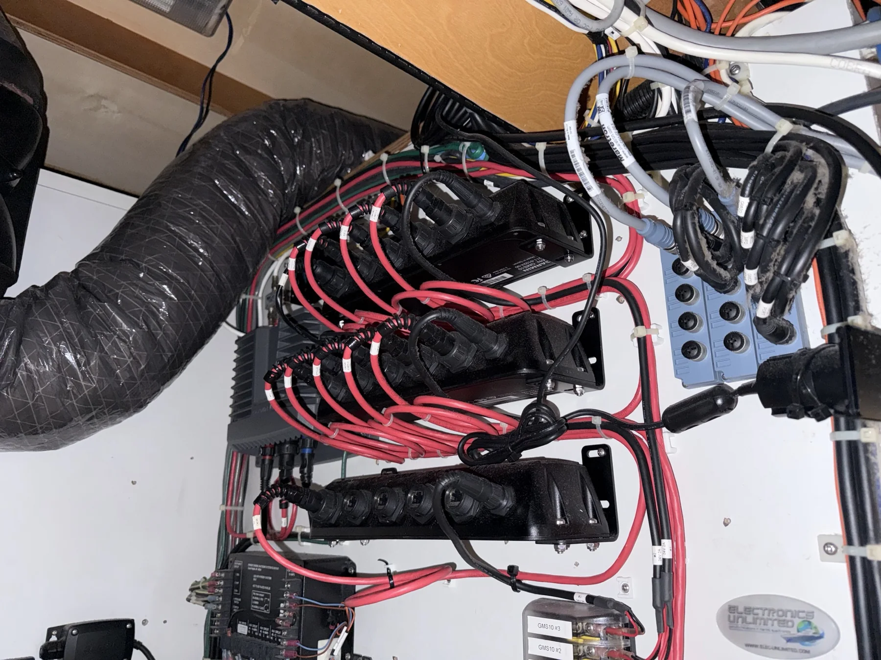 Marine electronic network modules and organized wiring mounted on a vessel panel