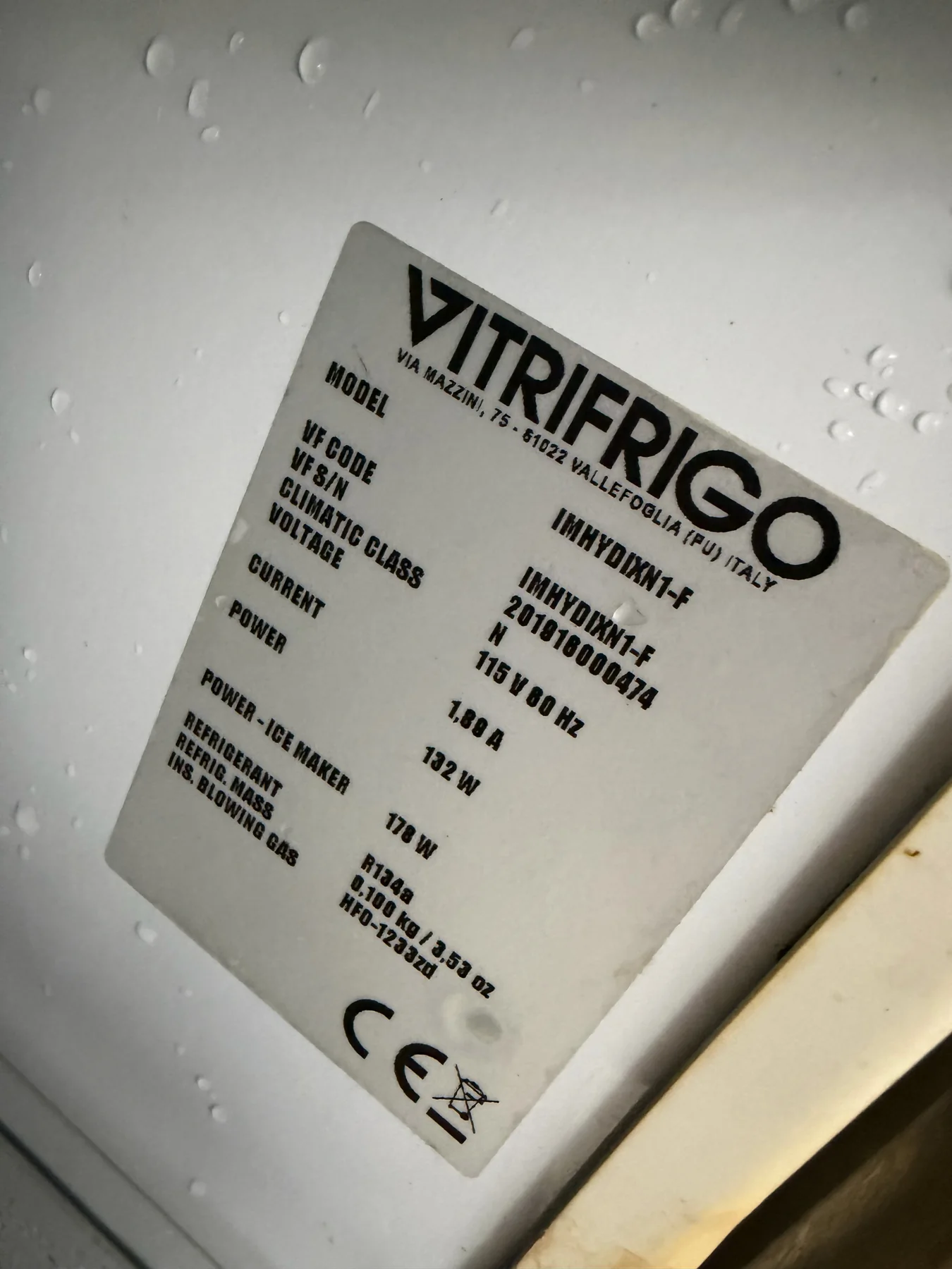 Vitrifrigo marine refrigeration equipment data plate used for model identification